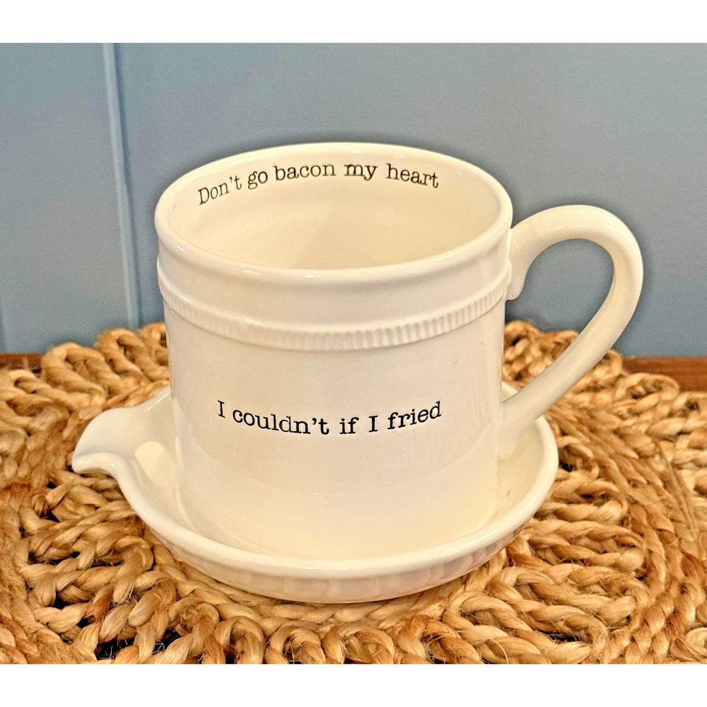 Mud Pie‎ Microwave Bacon Cooker Ceramic Mug Saucer Drip Grease Funny Quote